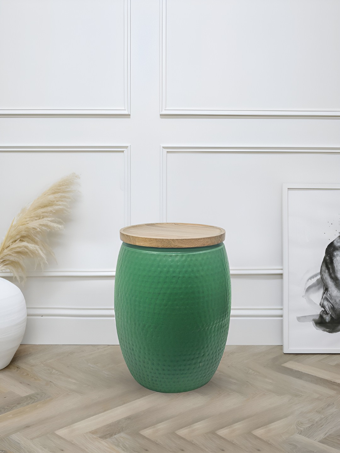 Metalsmith Green & Beige Circular Wooden Round Shaped Ottoman