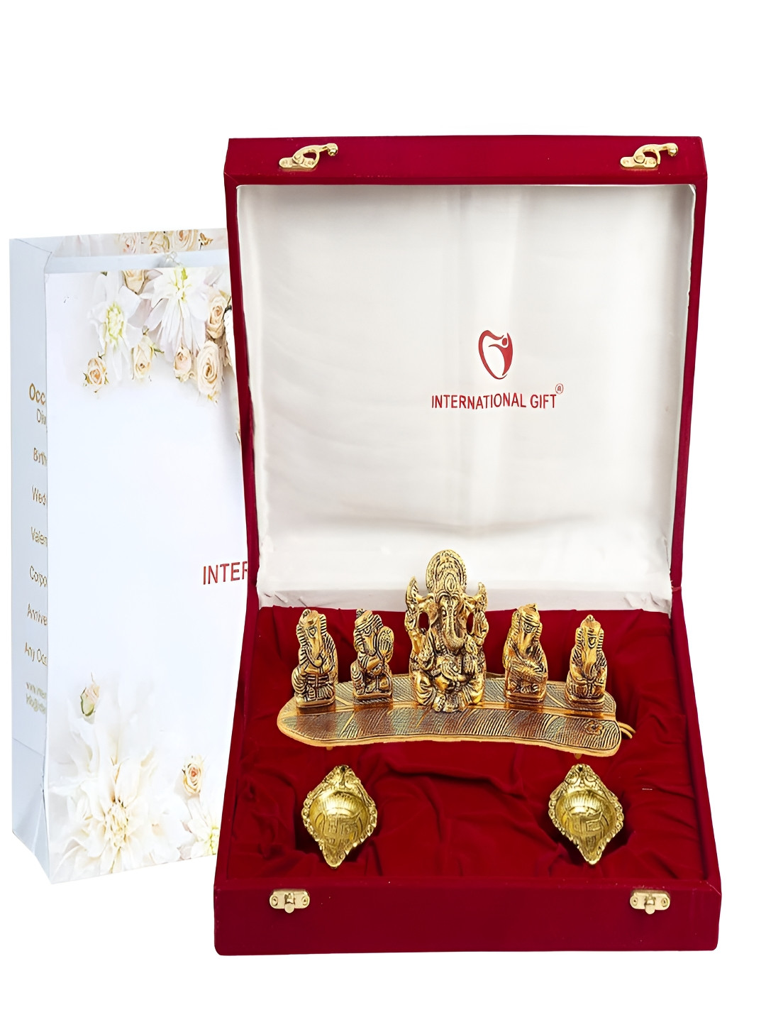 INTERNATIONAL GIFT Gold-Toned Religious Figurine Showpiece With Diyas & Velvet Box
