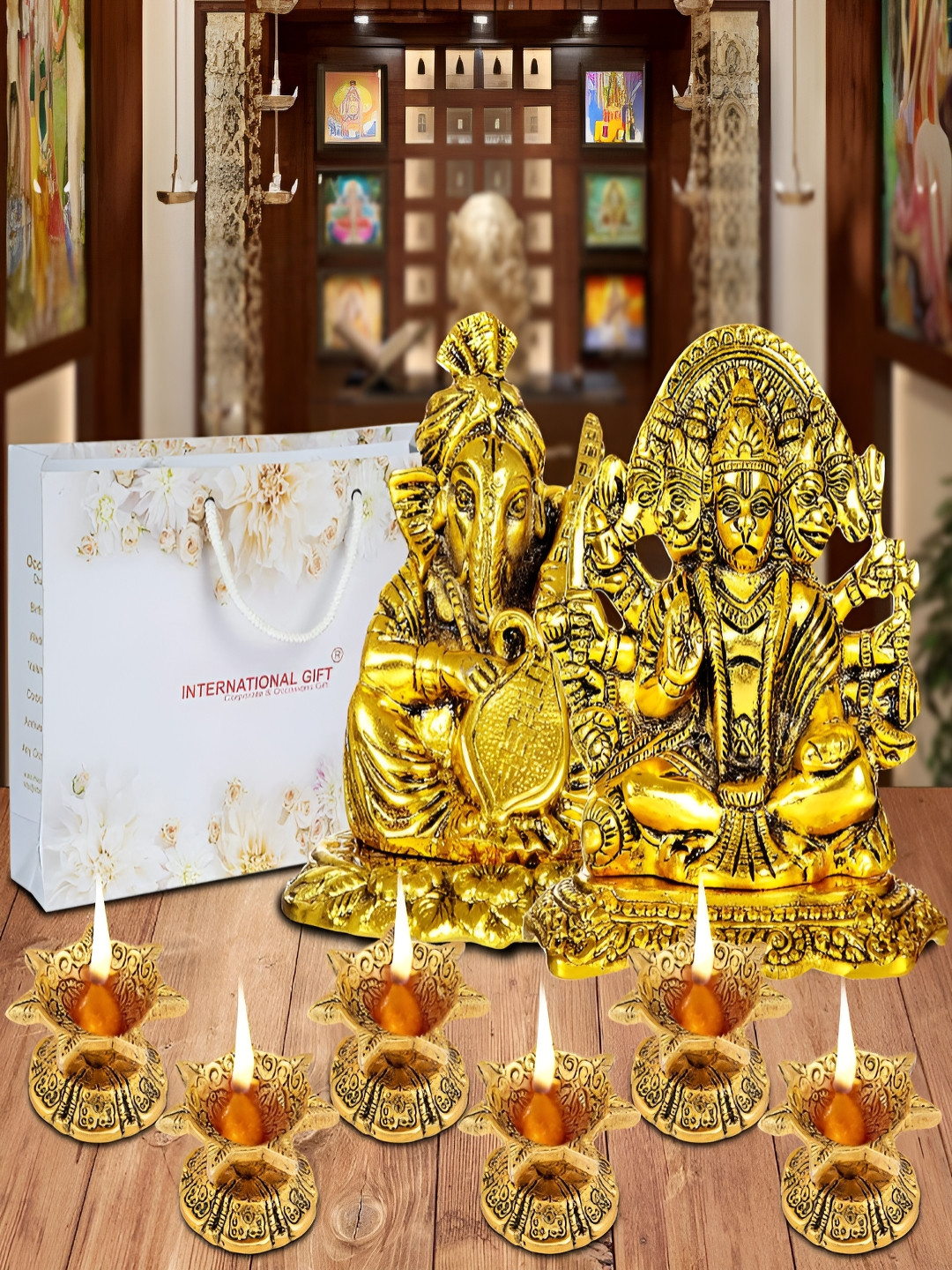 INTERNATIONAL GIFT Gold-Toned 9 Pieces Religious Idol Showpiece With Diyas & Box