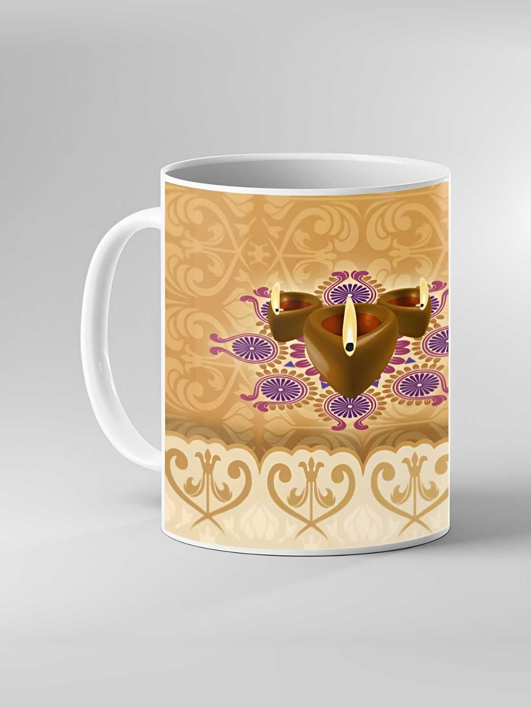 Keviv White & Beige Printed Ceramic Coffee Mug 325 ml