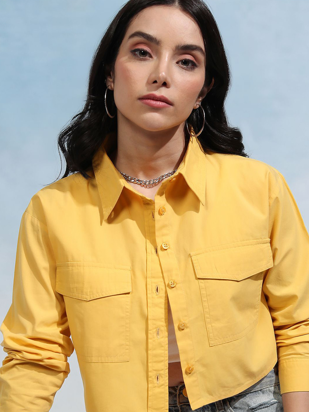 Tokyo Talkies Women Button Down Poplin Crop Shirt