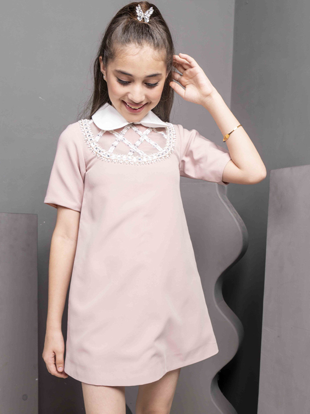 HOITY MOPPET Girls Shirt Collar Sequined Embellished Shirt Dress