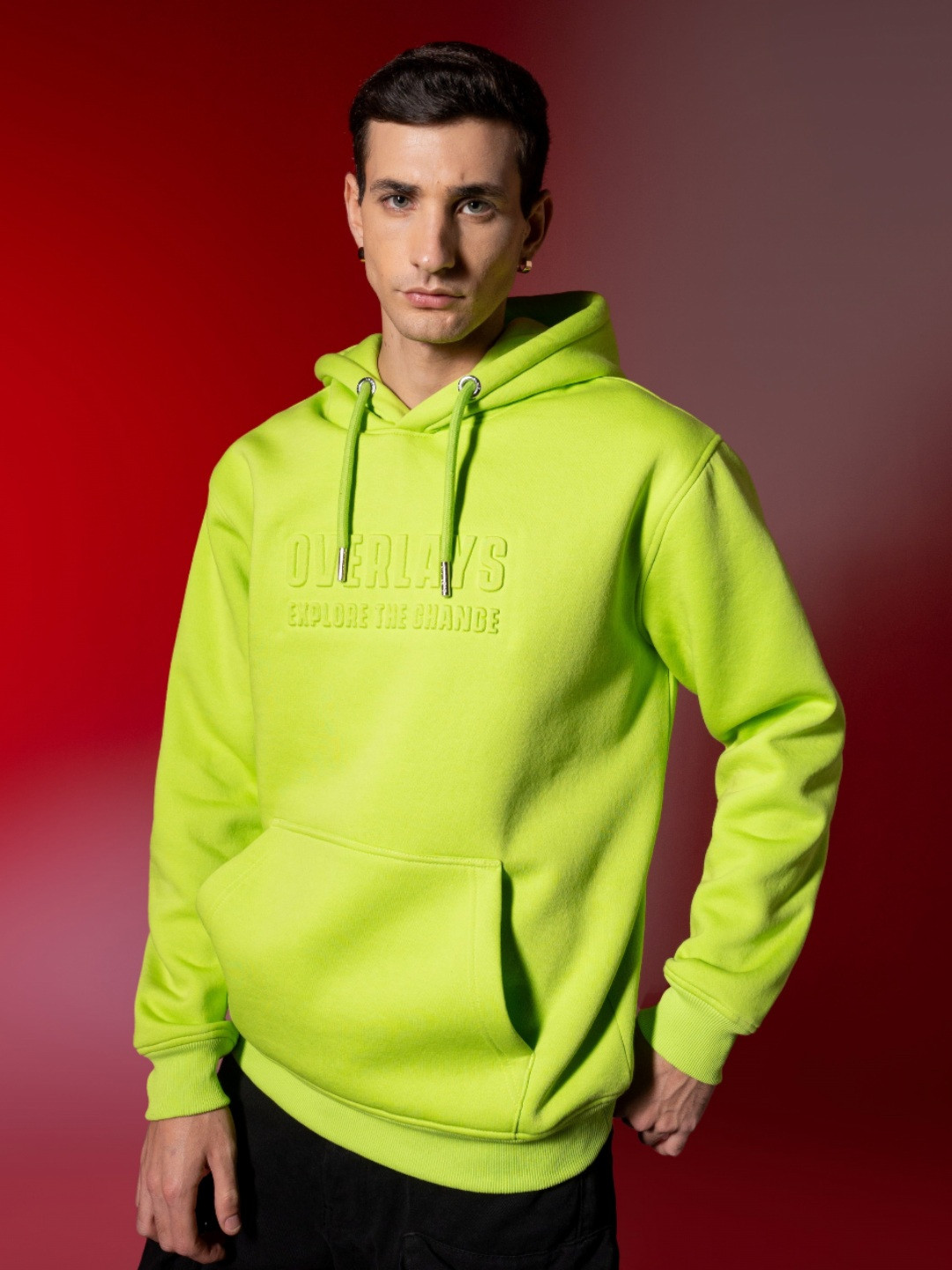 Overlays Typography Self Design Hooded Oversized Pullover Sweatshirt