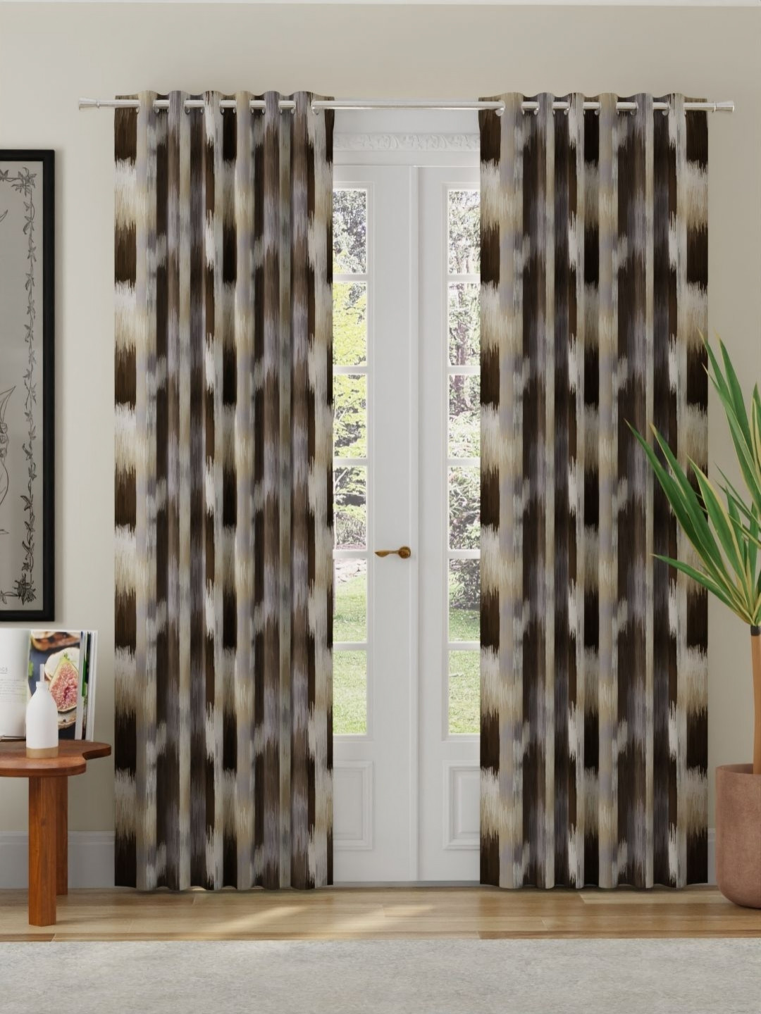 ROSARA HOME Brown and Grey 2 Pieces  Abstract Printed Room Darkening Long Door Curtains