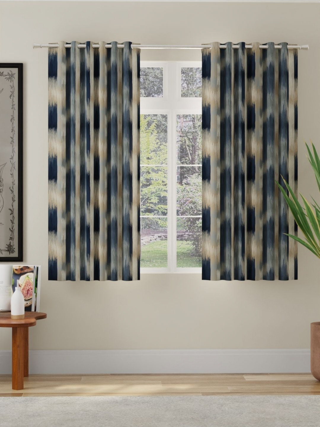 ROSARA HOME Navy Blue & Beige 2 Pieces abstract Room Darkening Window Curtains