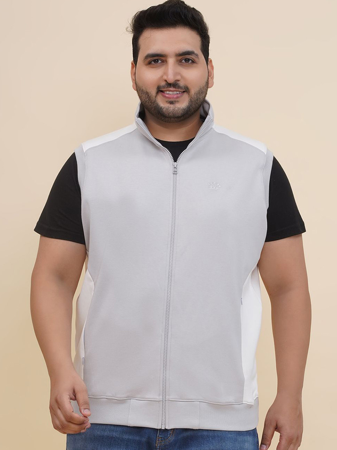 John Pride Men Mock Collar Colourblocked Sleeveless Pure Cotton Plus Size Sweatshirt