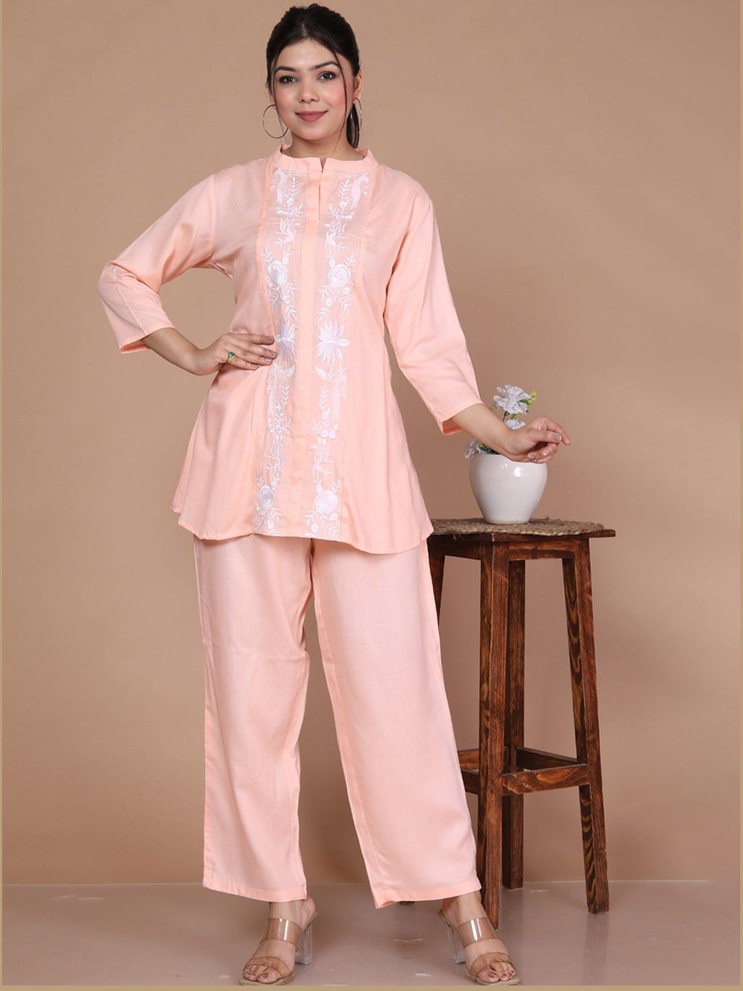 ANTU KURTIES Floral Embroidered Thread Work Mandarin Collar Straight Kurti with Palazzo