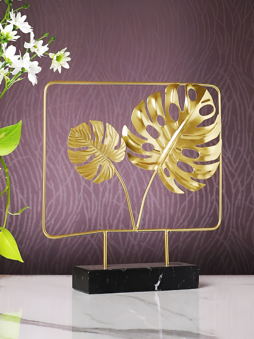 TAYHAA Botanical Leaves Gold Metal Metallic Living Room Medium Showpiece - 10.4 Inches