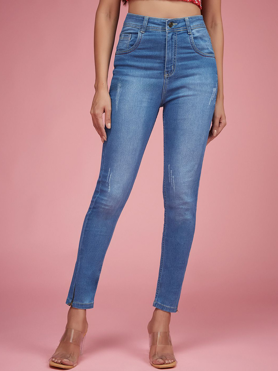 DressBerry Women Skinny Fit High Rise Zipper Detailing Scraped Stretchable Denim Jeans