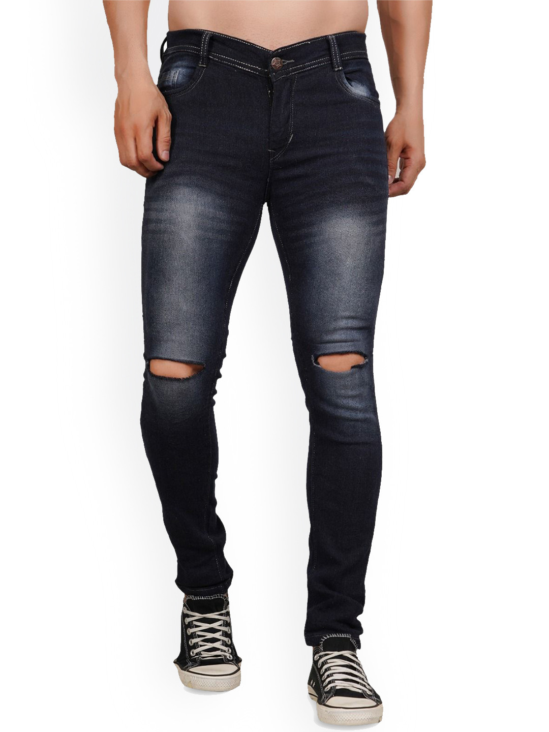 LINARIA Men Classic Slash Knee Heavy Fade Mid-Rise Cotton Jeans