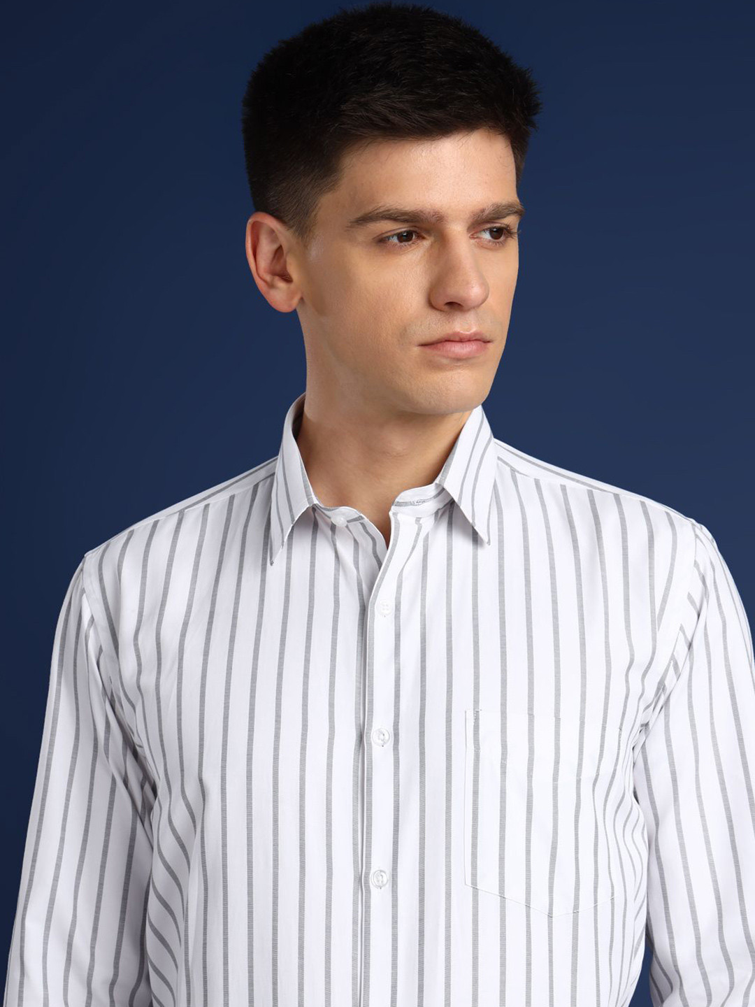 English Navy Men Wrinkle Free Vertical Striped Slim Fit Formal Shirt