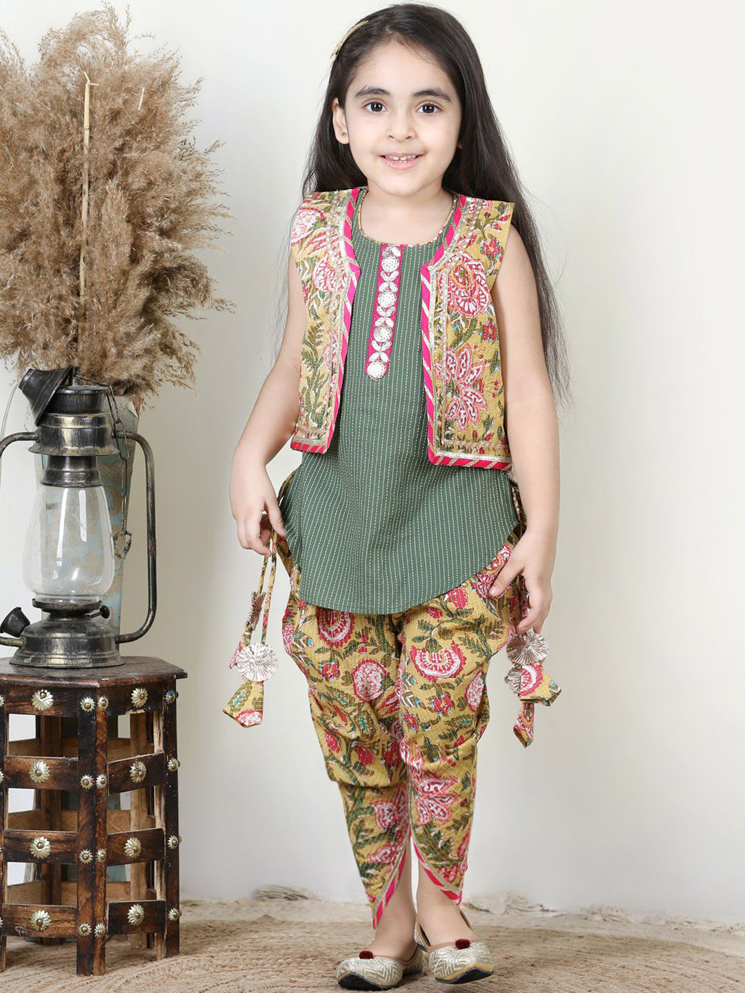 Here&Now X Kinder Kids Girls Striped Pure Cotton Kurti with Dhoti Pant and Jacket