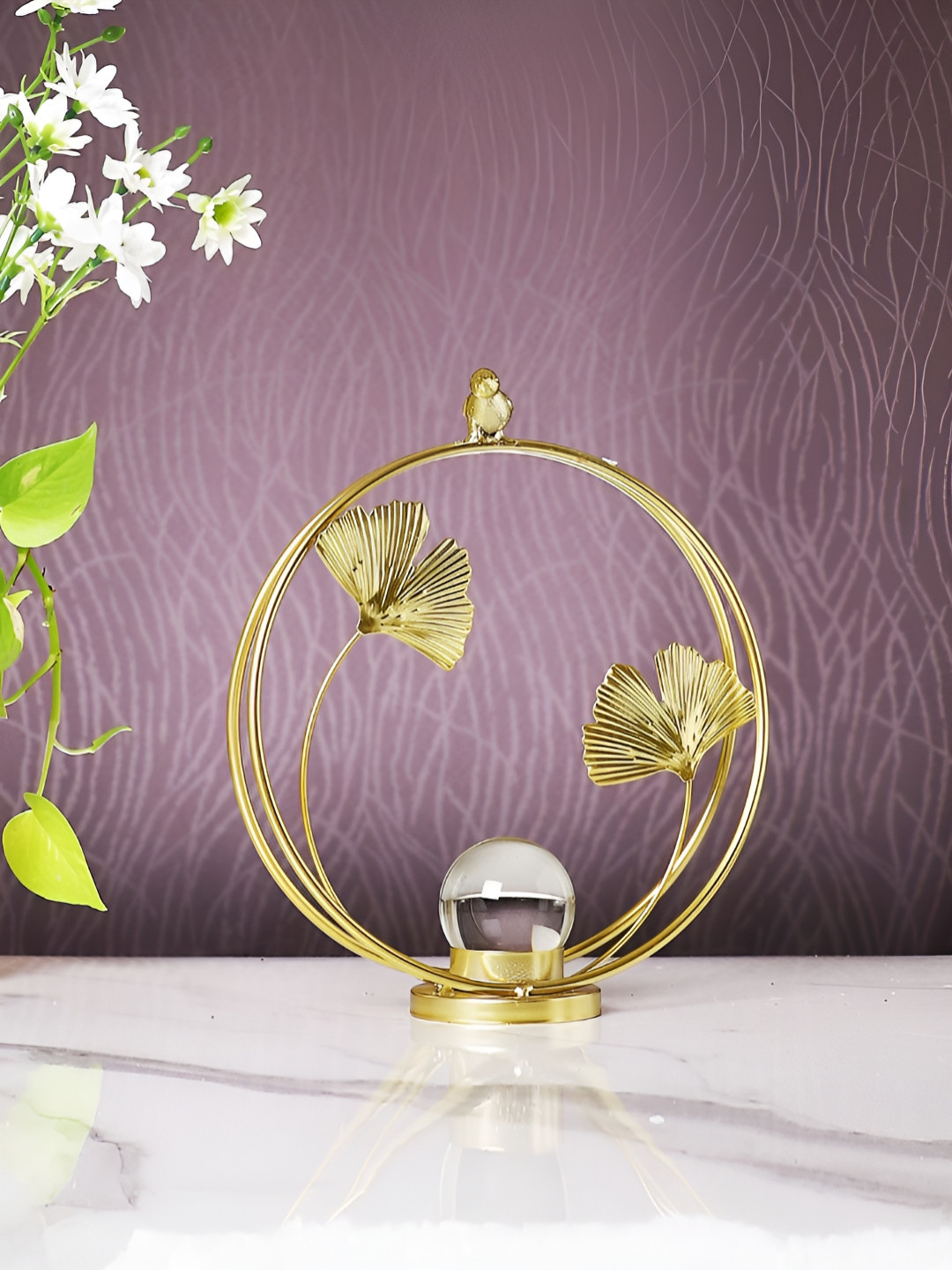 TAYHAA Palm Leaves Globe shaped with Crystal Ball Gold Metal Metallic Living Room Medium Showpiece - 9.3 Inches