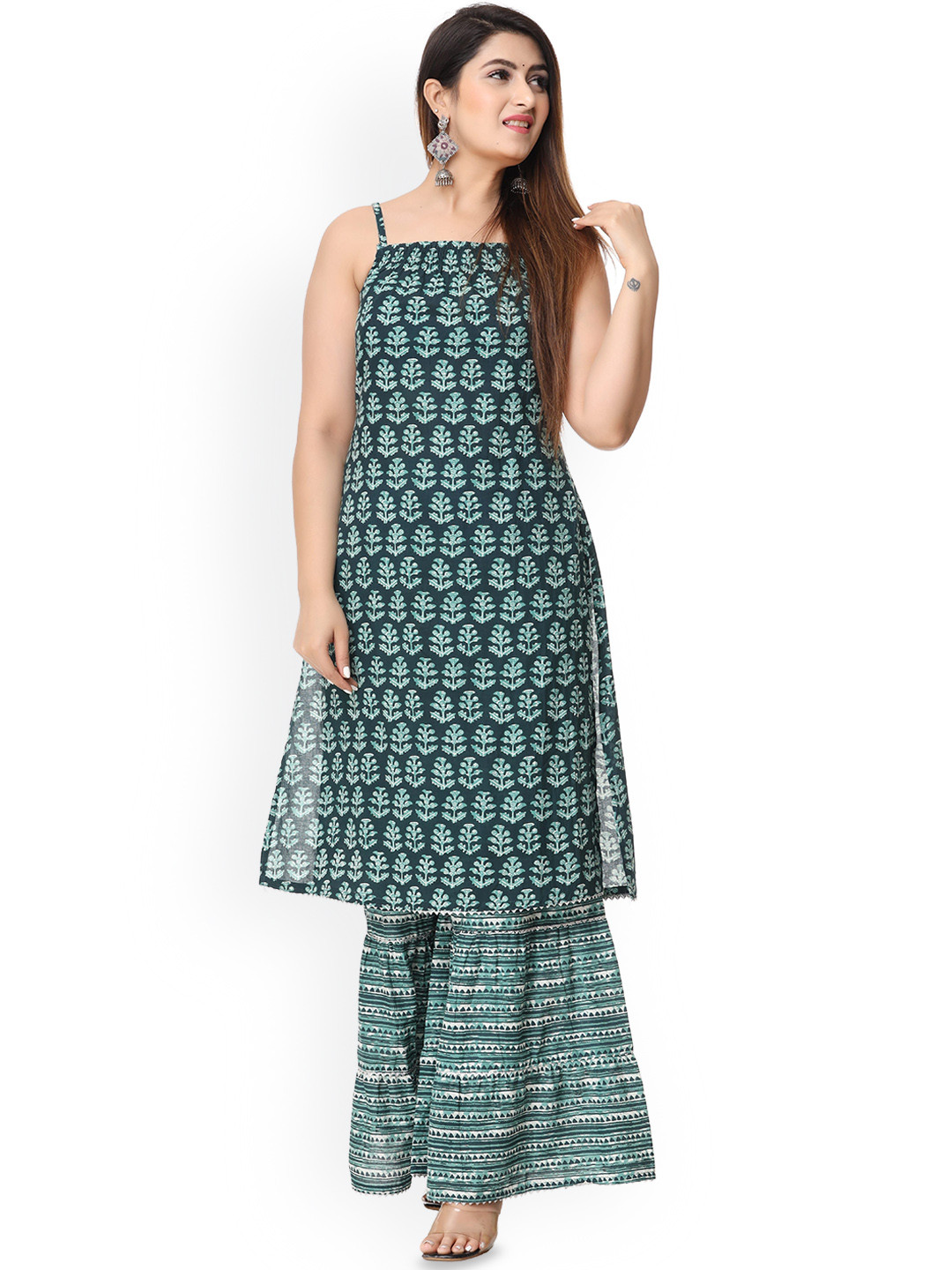 Cloth Bites Ethnic Motifs Printed Shoulder Straps Pure Cotton Straight Kurta with Sharara