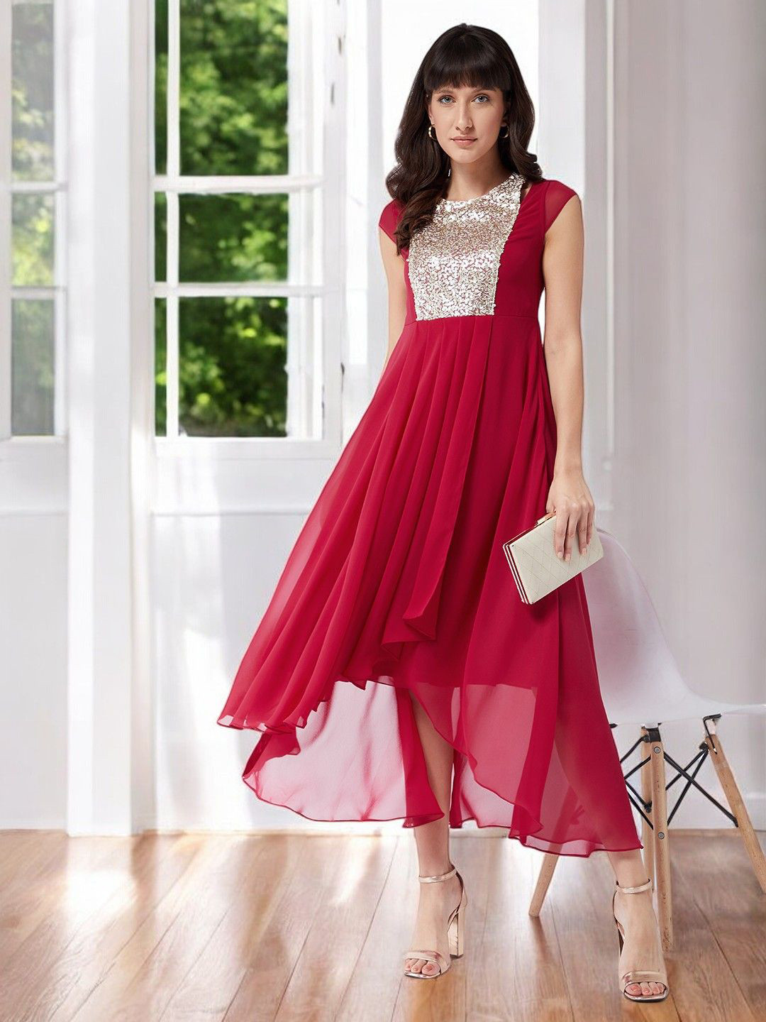 all about you Women Round Neck Cap Sleeves Solid Embellished Maxi Dress