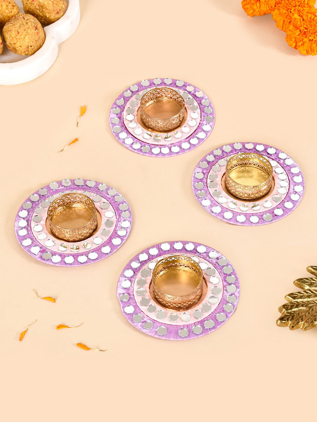 Nestasia Lavender & Gold-Toned 4 Pieces Textured Tea Candle Holders