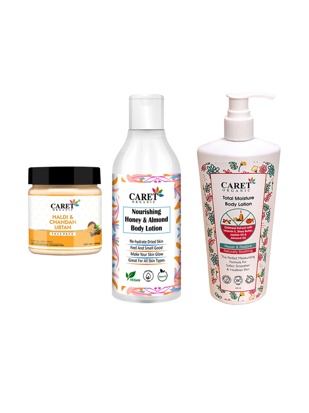 CARET ORGANIC Ubtan Face Pack, Honey Almond & Total Moisture Body Lotion Combo