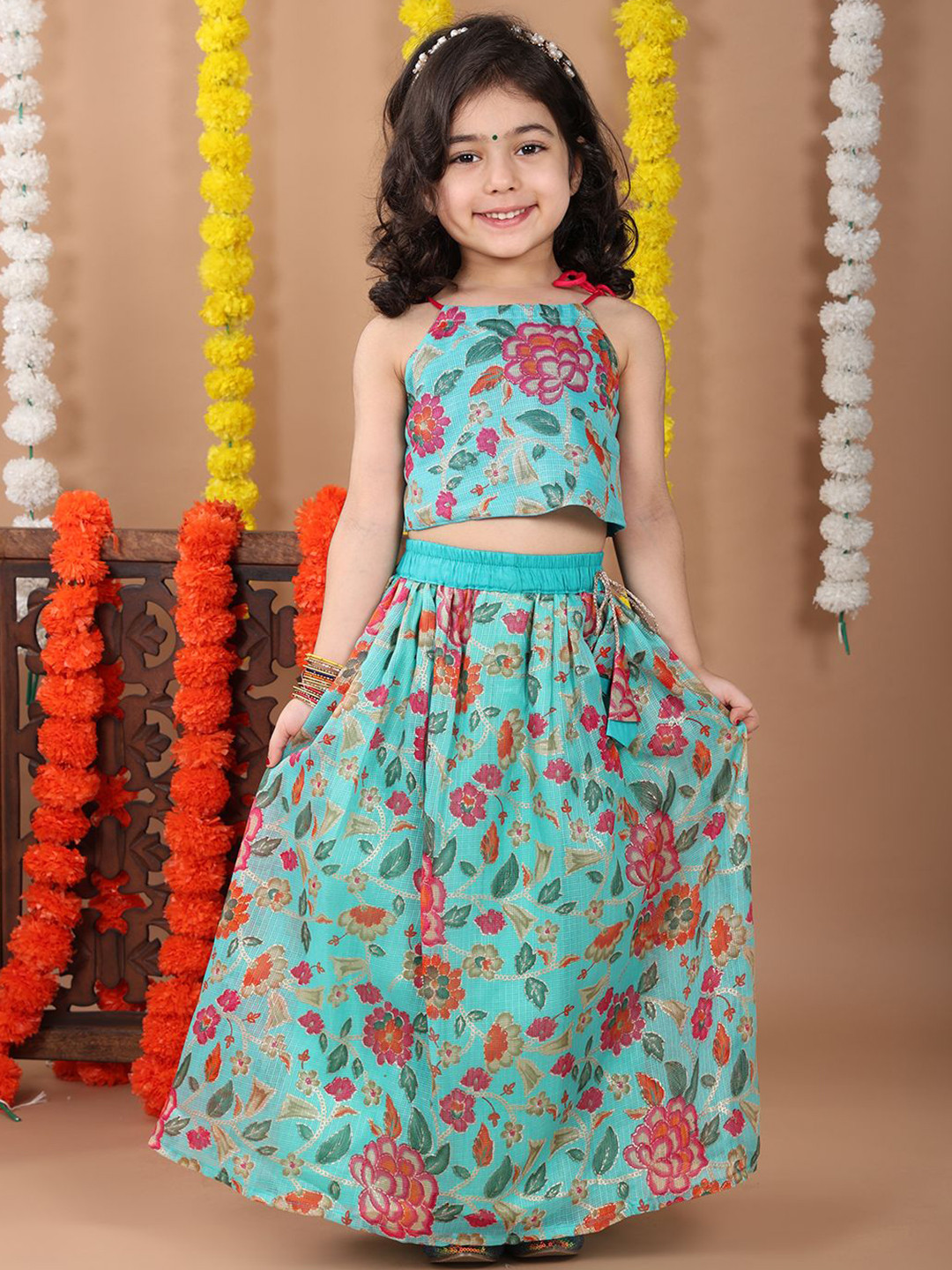 Here&Now X Kinder Kids Girls Printed Ready to Wear Cotton Lehenga with sleeveless tie on top