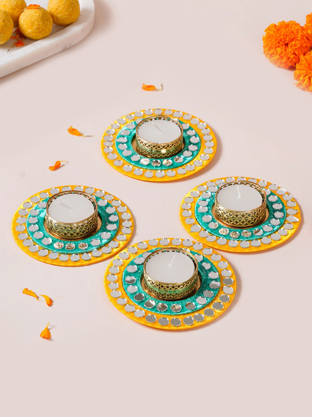 Nestasia Yellow & Green 4 Pieces Mirror Work Embellished Tea Light Candle Holders