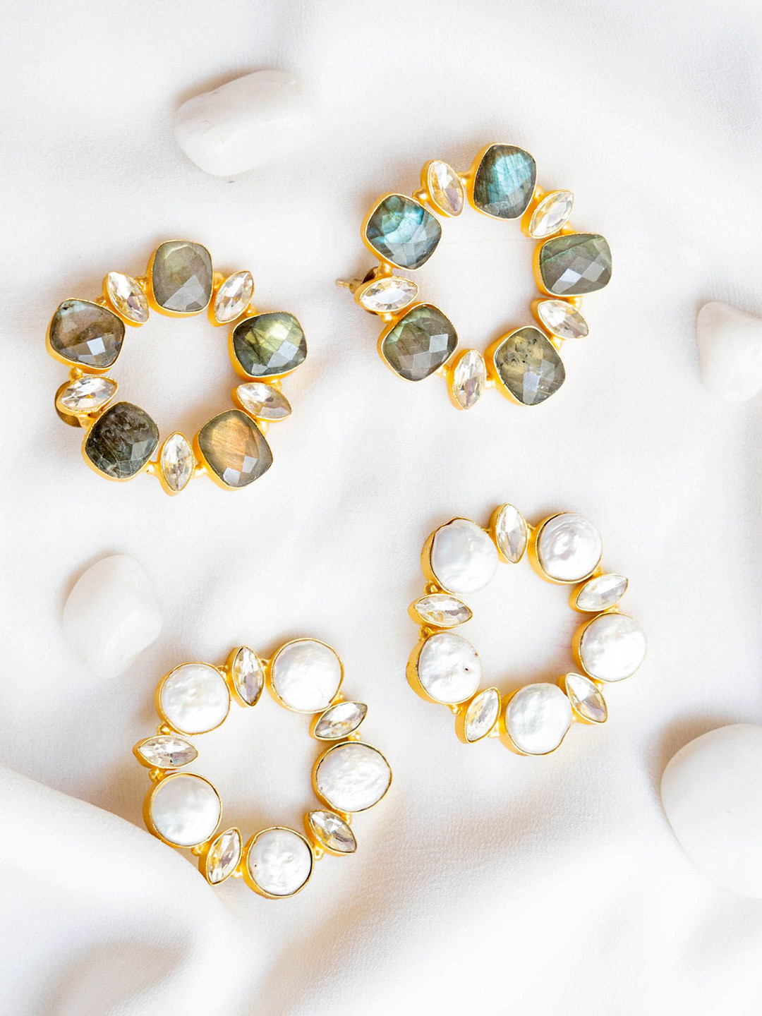 ROYAL PITARAH Gold-Plated Labradorite Contemporary Hoop Earrings