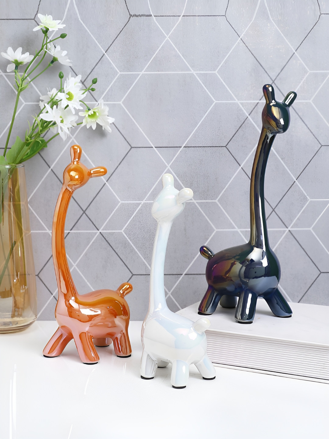 TAYHAA Giraffe White Ceramic Glossy Living Room Set of 3 Medium Showpieces - 4.5 Inches