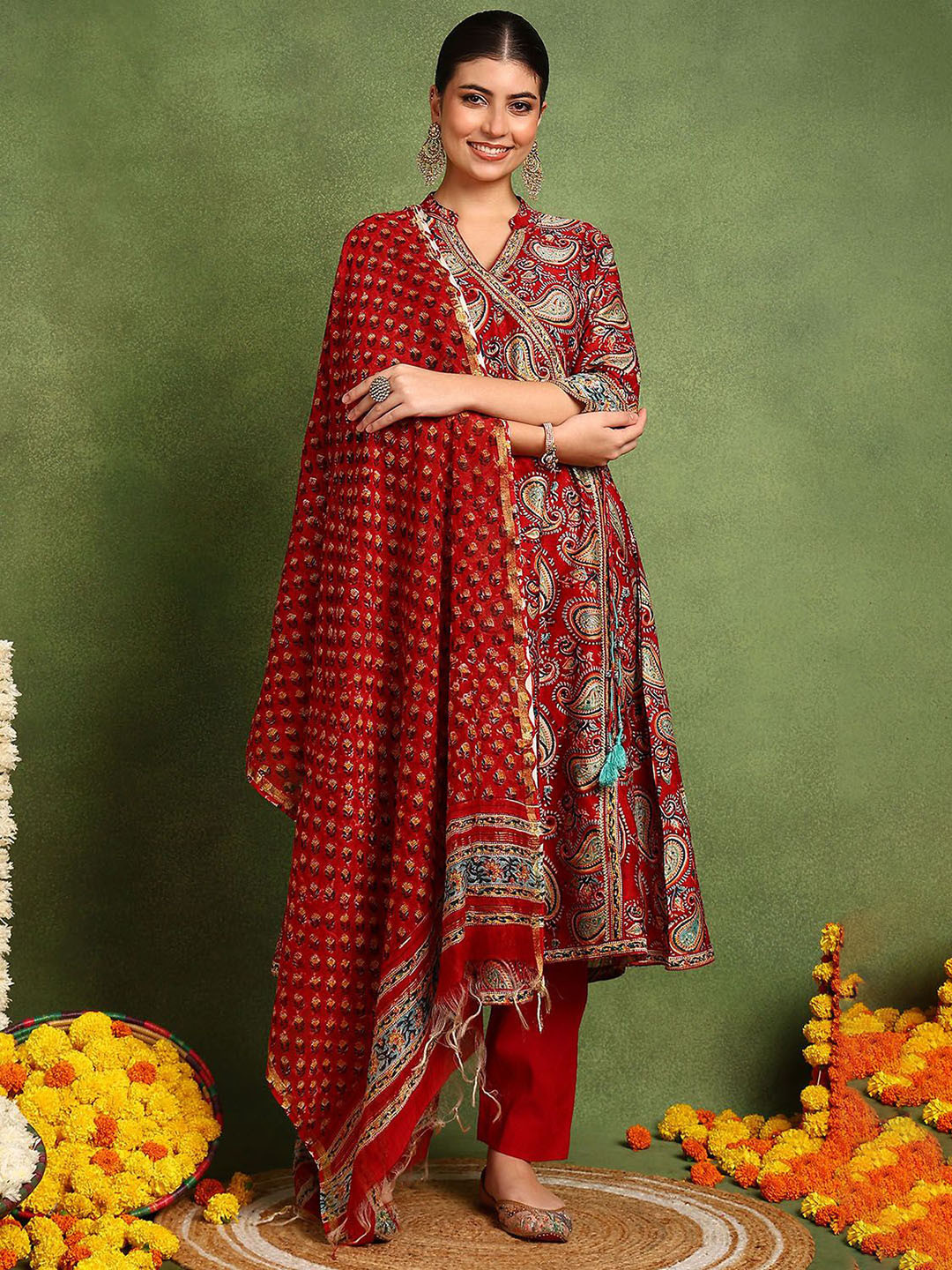 Tahiliya Red Block Printed Chanderi Silk Angrakha Kurta