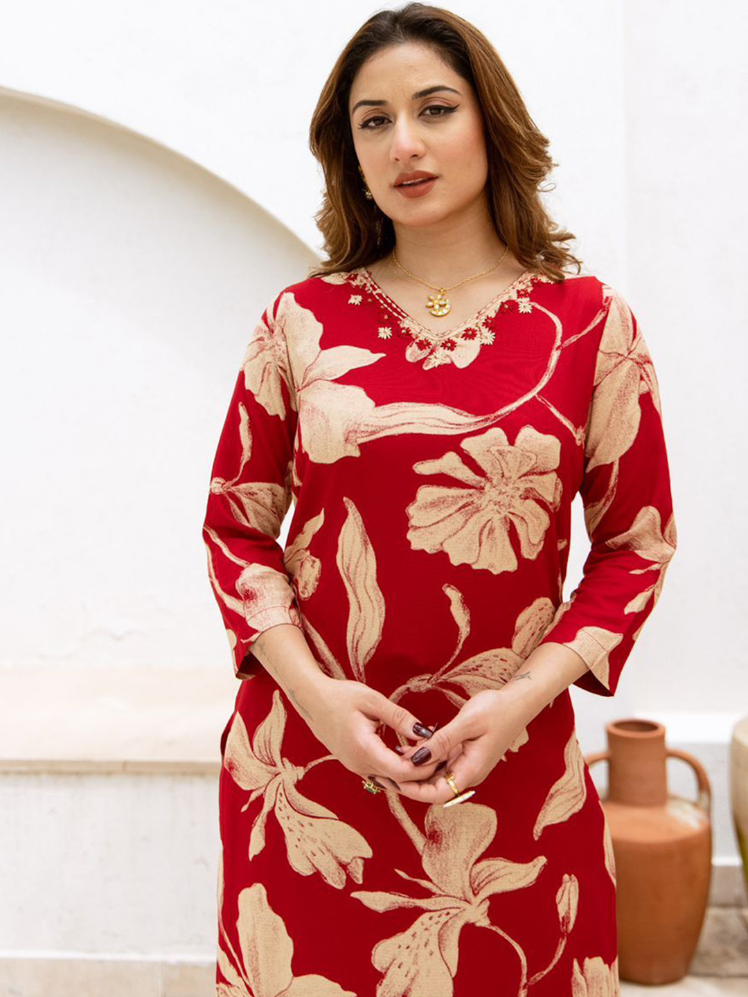 Anouk Red and Beige Floral Printed Thread Work V-Neck Straight Kurta with Trousers