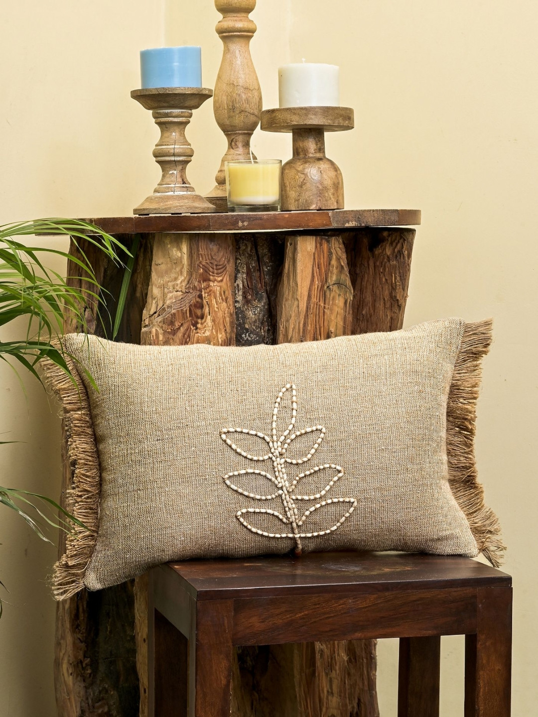 ANWYN Beige Embroidered Jute Linen Rectangle Cushion Covers