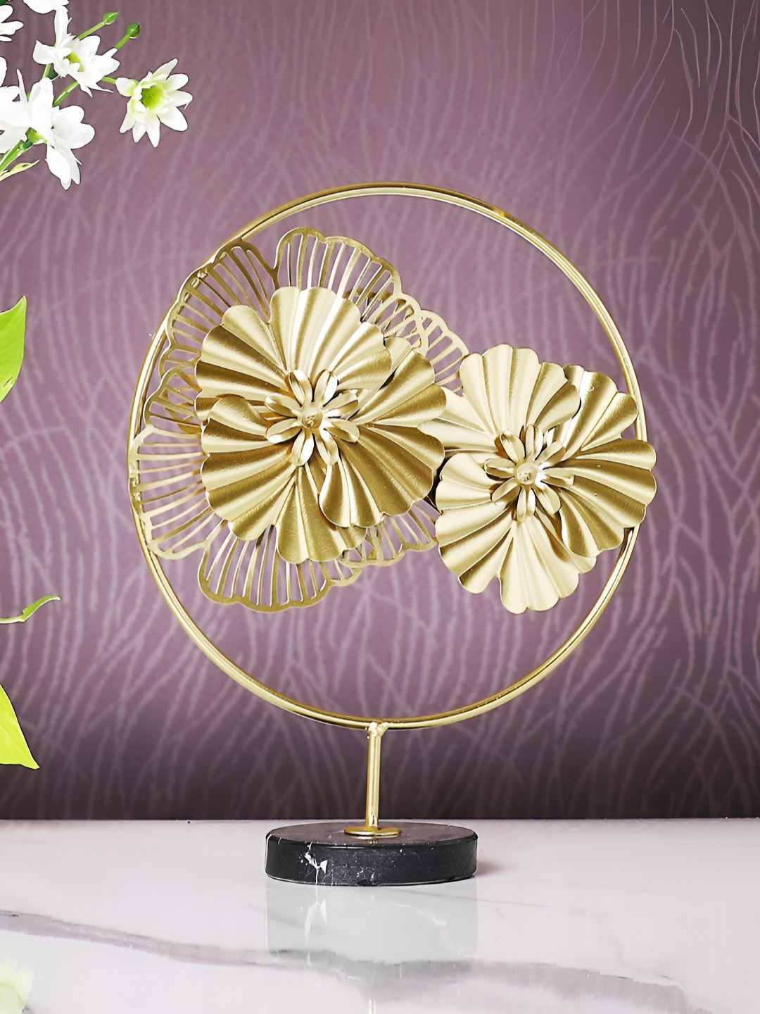 TAYHAA Flowers with A Ring Gold Metal Metallic Living Room Medium Showpiece - 10.2 Inches