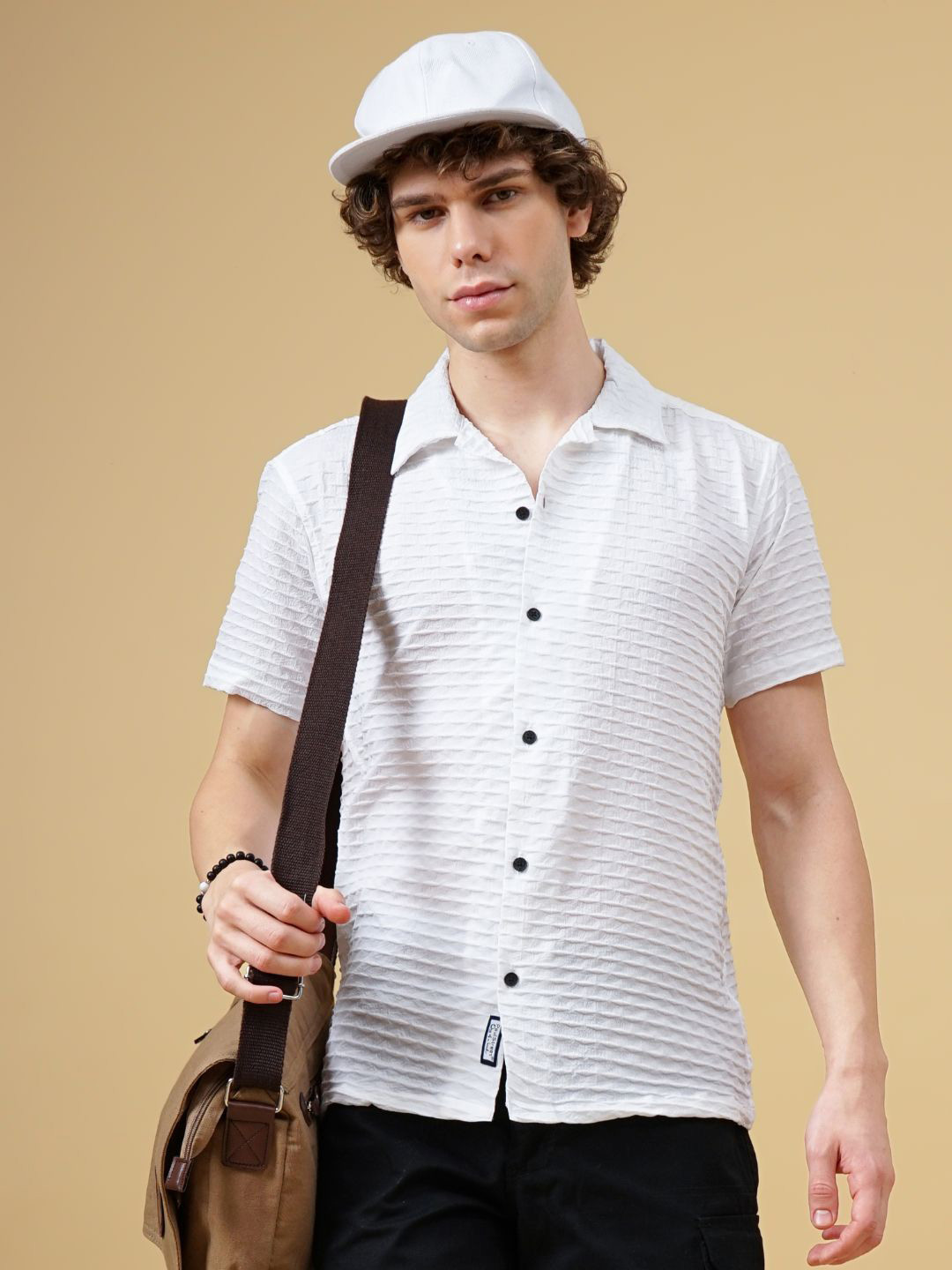 PAUL STREET Men Club Cuban Collar Textured Slim Fit Casual Shirt