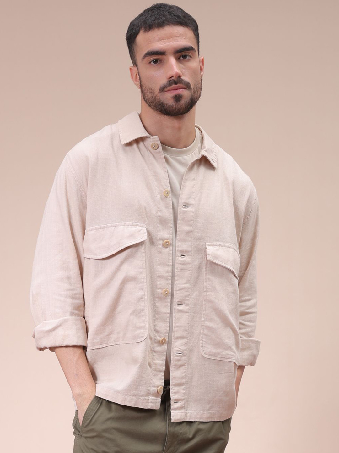 The Indian Garage Co Men Regular Fit Solid Double Flap Pocket Resortwear Overshirt