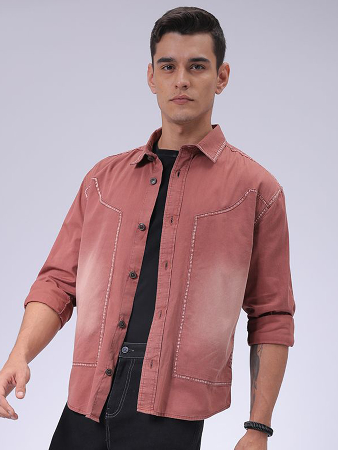 The Indian Garage Co Men Cutaway Collar Faded Cotton Casual Shirt