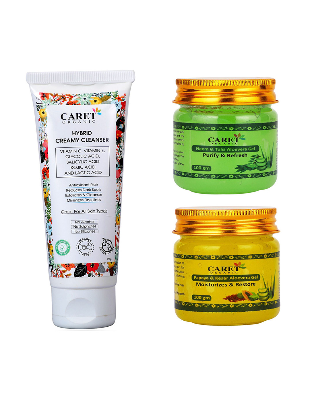 CARET ORGANIC Hybrid Creamy Cleanser, Papaya, Kesar Gel & Neem, Tulsi & Aloe Vera Gel