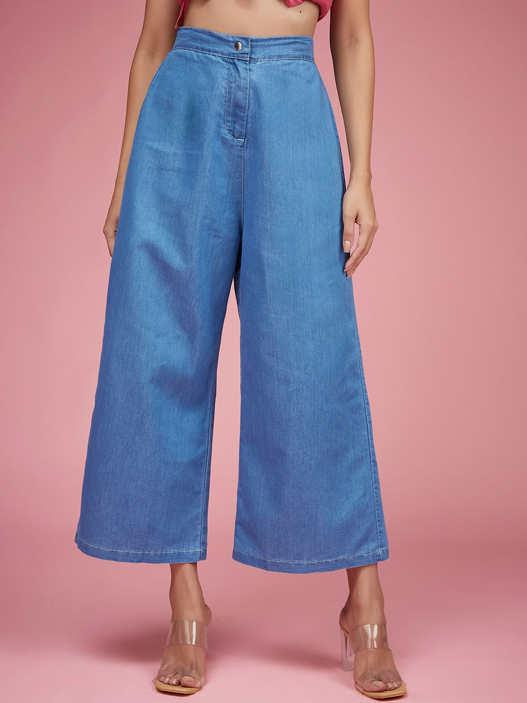 DressBerry Women's Flared Wide-Leg High Rise Non Stretchable Light Weight Denim Pants