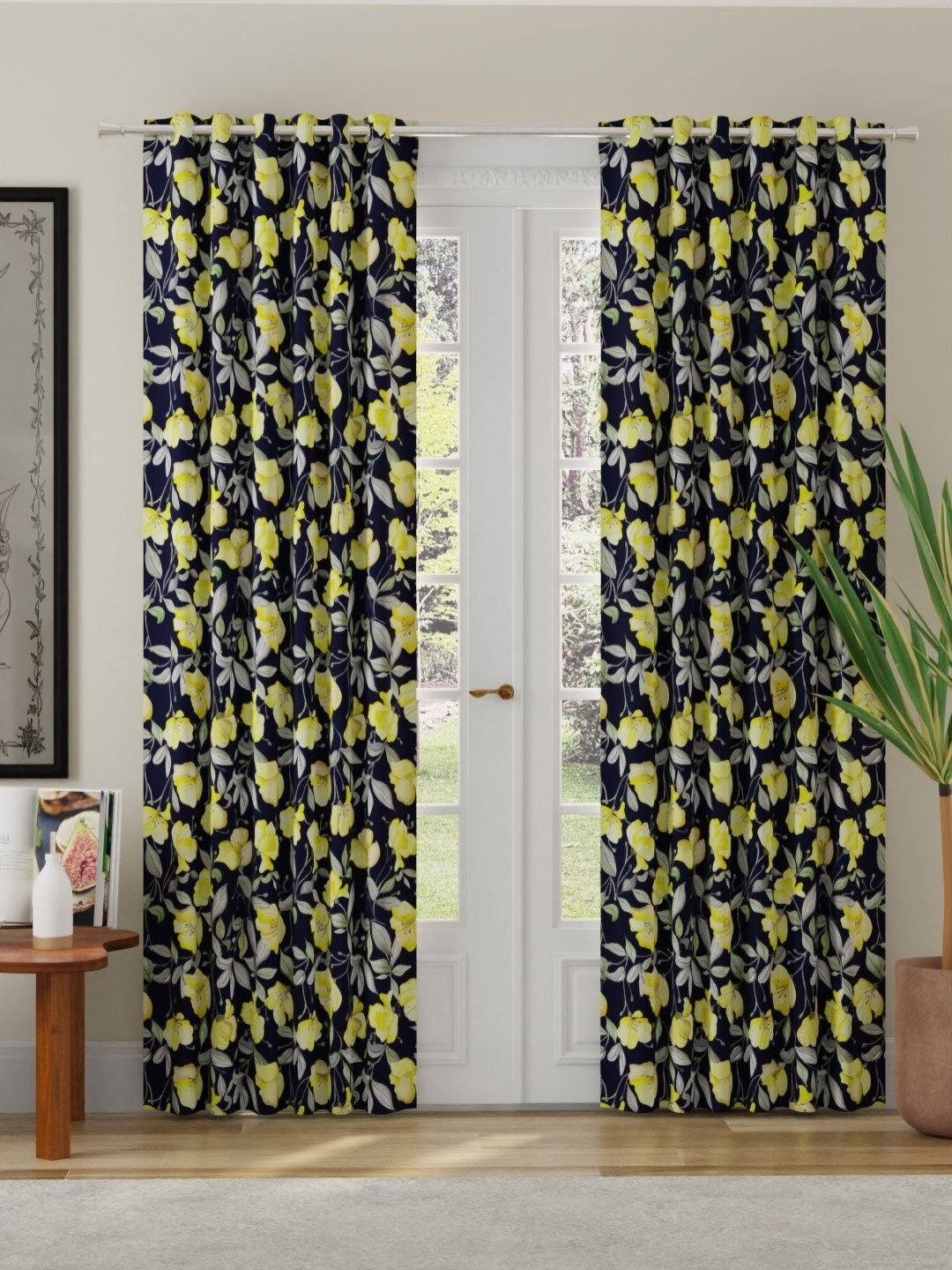 ROSARA HOME Yellow and Black 2 Pieces Floral Printed Room Darkening Long Door Curtains