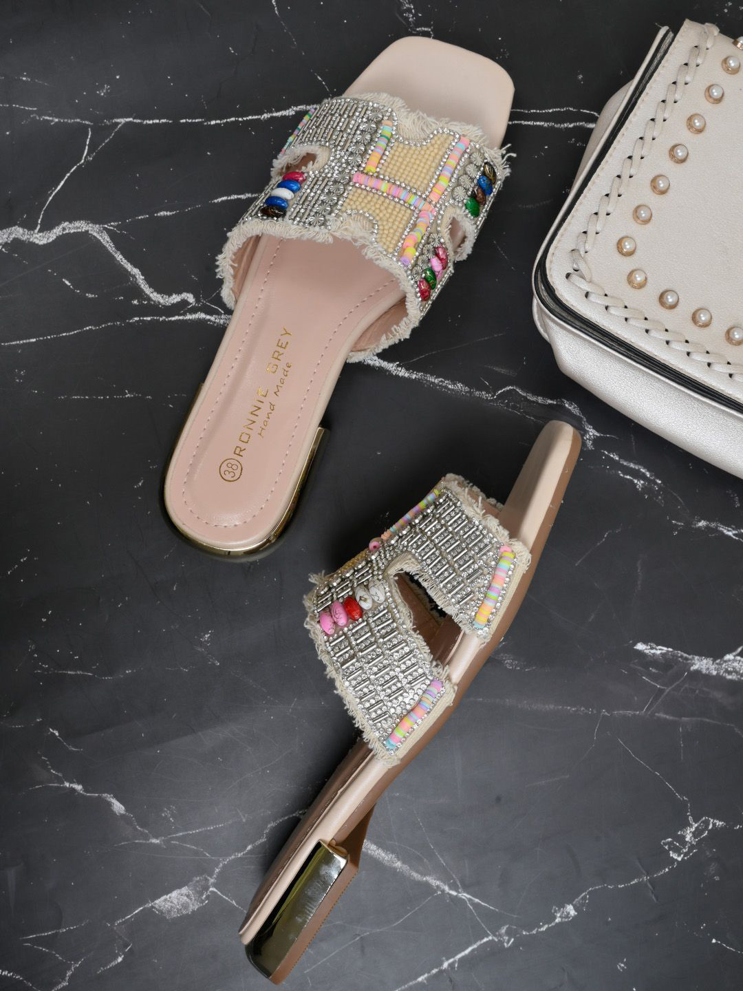 Ronnie Grey Women Embellished Stone and Beads Open Toe Flats