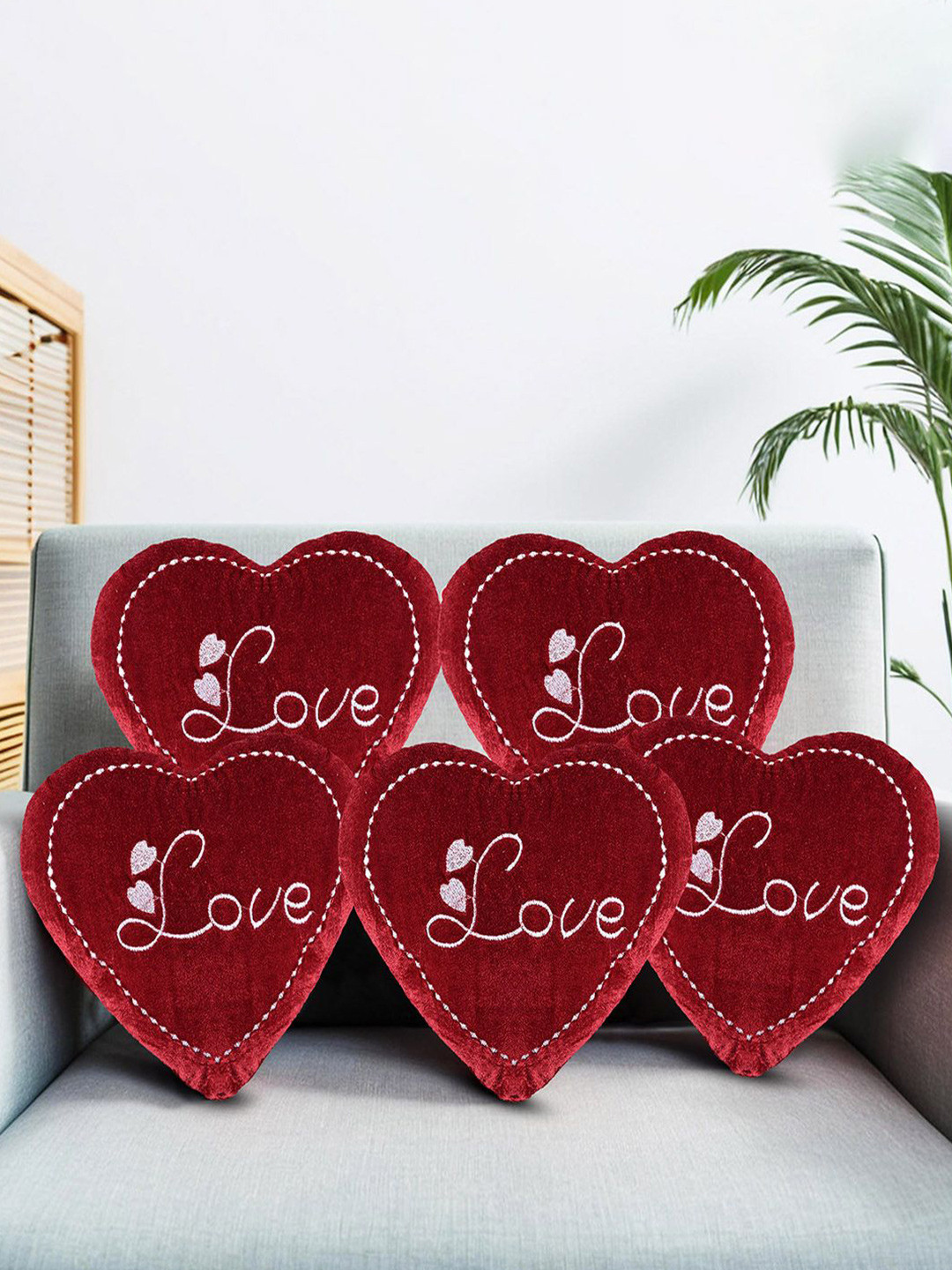 Kuber Industries Red & White 5 Pieces Embroidered Cotton Heart Pre-Filled Cushions
