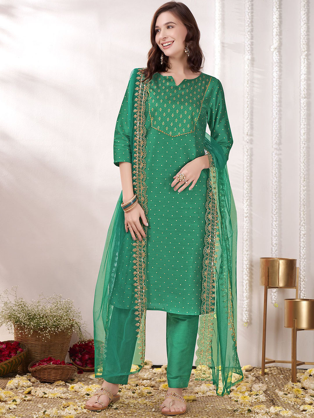 Anouk Green and Gold Ethnic Motifs Yoke Design Printed Kurta with Trouser & Dupatta