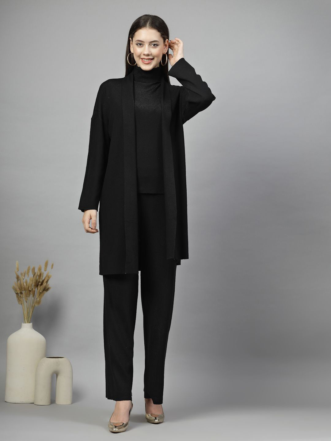 Mafadeny High Neck Long Sleeve Top & Trouser With Shrug