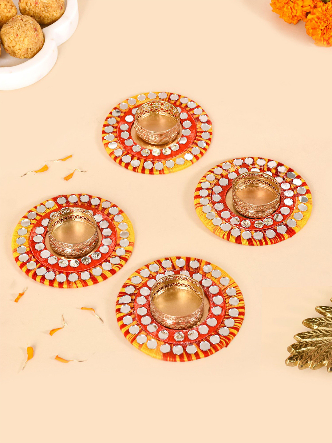 Nestasia Yellow & Red 4 Pieces Mirror Work Embellished Tea Light Candle Holders