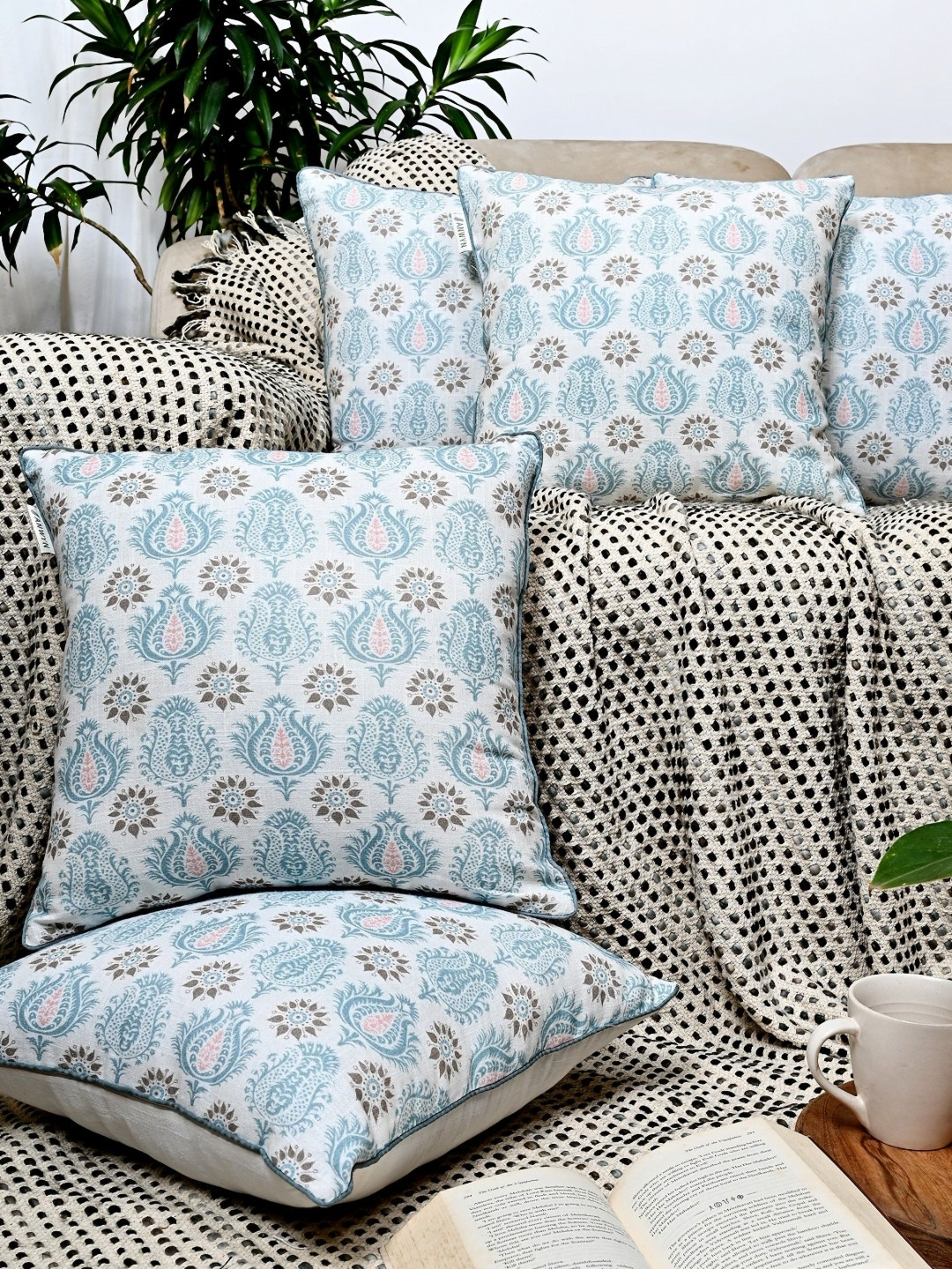 ANWYN Blue & Brown 5 Pieces Ethnic Motifs Cotton Square Cushion Covers