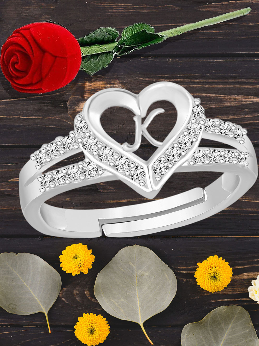 Heer Collection Silver Plated American Diamond Studded Alphabet K Adjustable Finger Ring