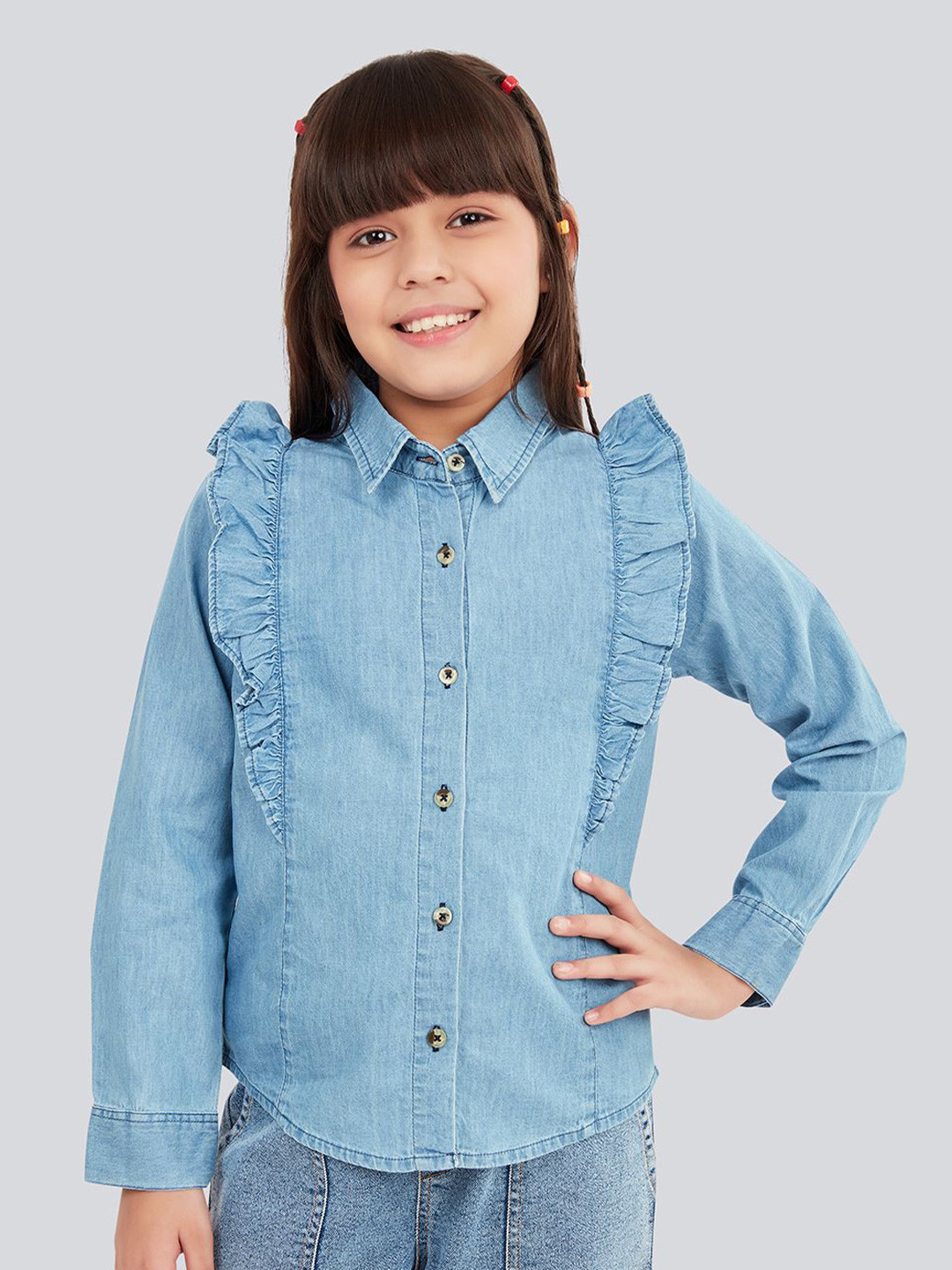 Olele Girls Cotton Denim Button Down Ruffle Shirt - Light Blue
