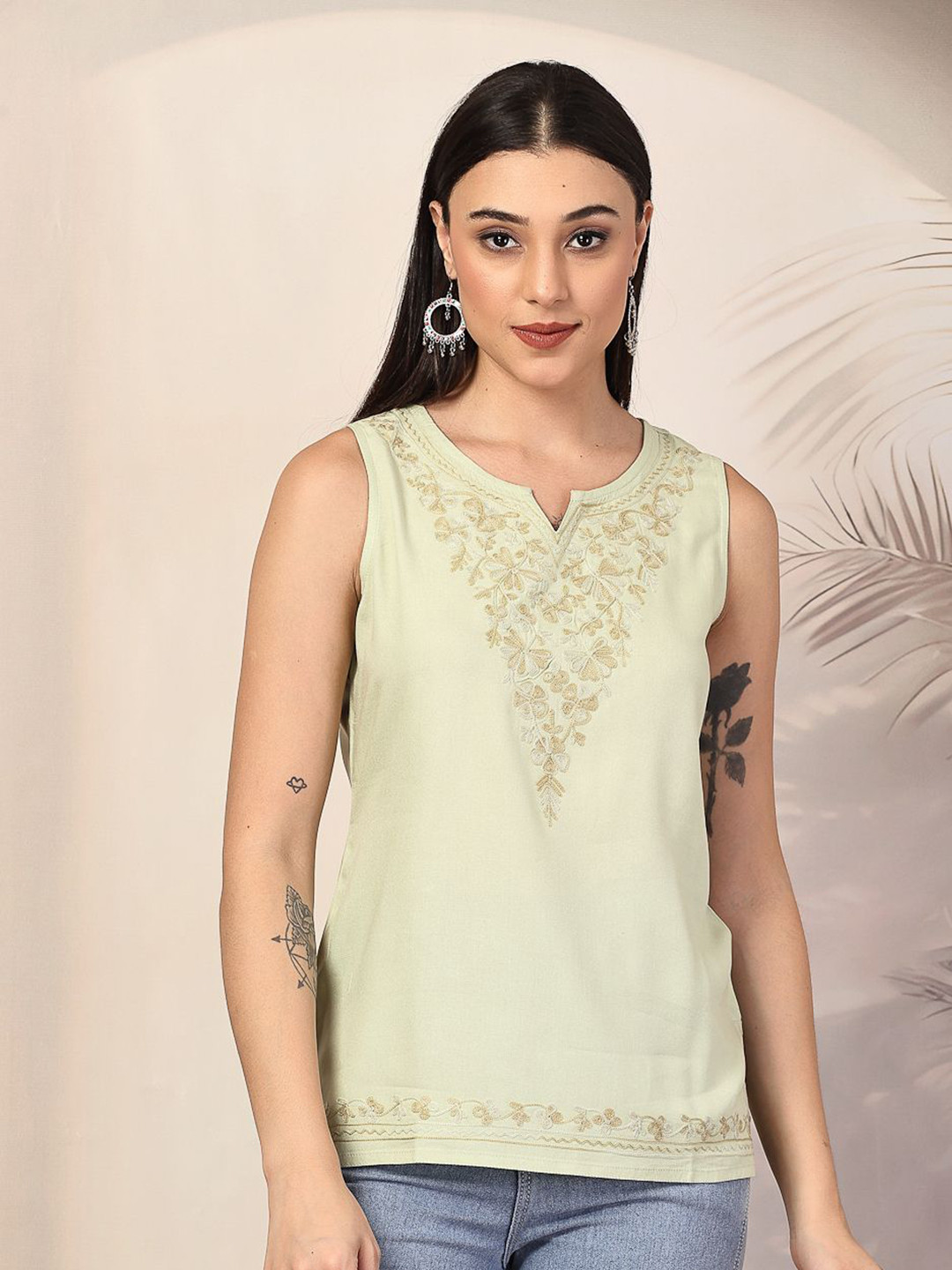 QAZMI Women Ziana Kashmiri Aari Embroidered Sleeveless Kurti