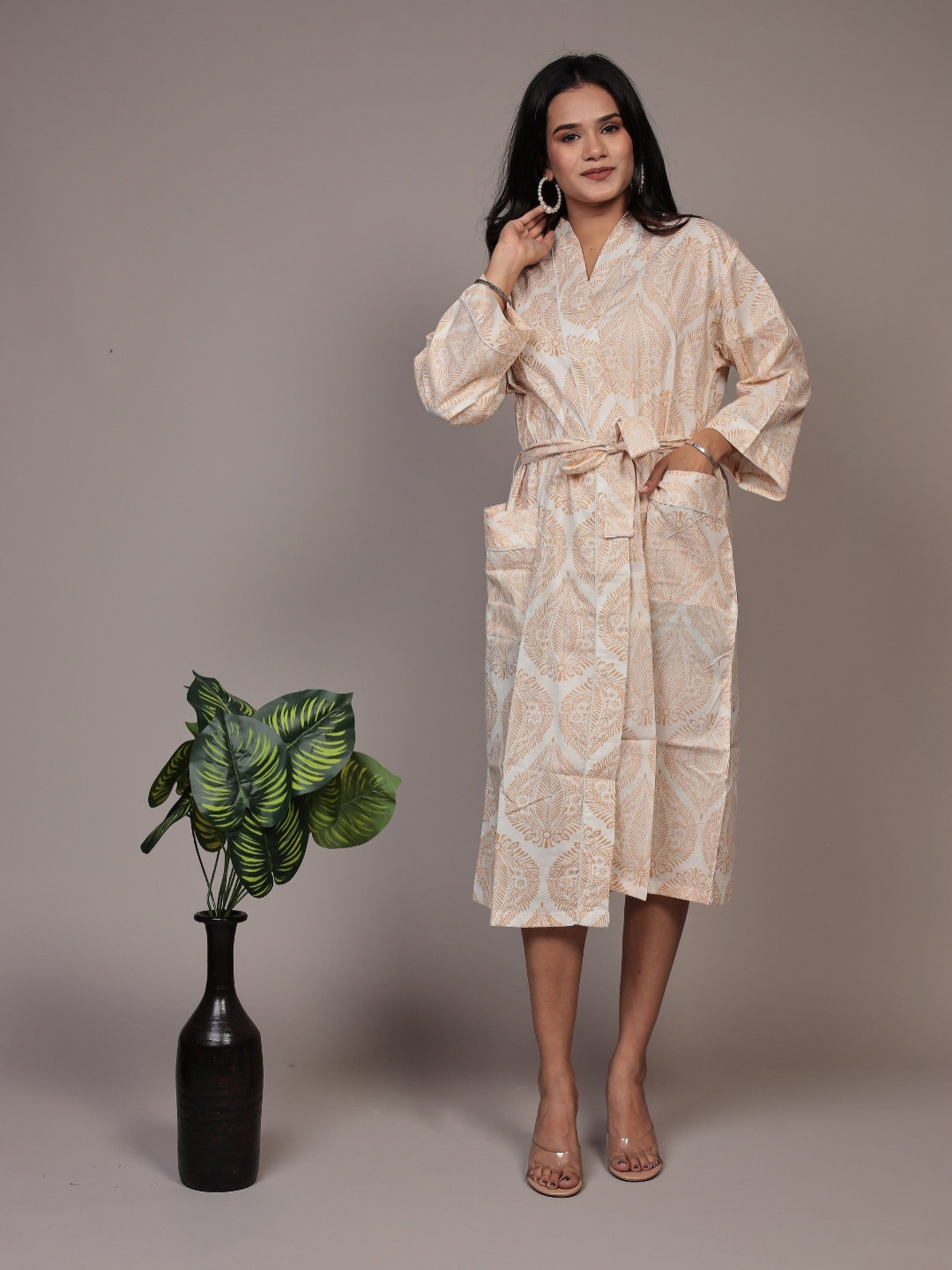 Bohekant Kimono White Leaf Cotton Drawstring Midi Bath Robe