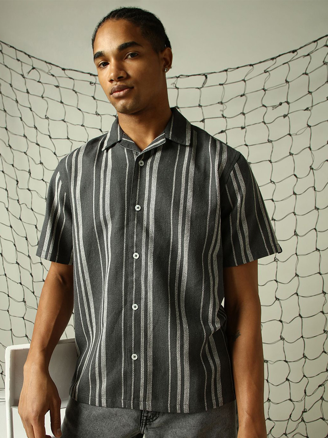 Hubberholme Vertical Striped Relaxed Fit Textured Fabric Casual Shirt