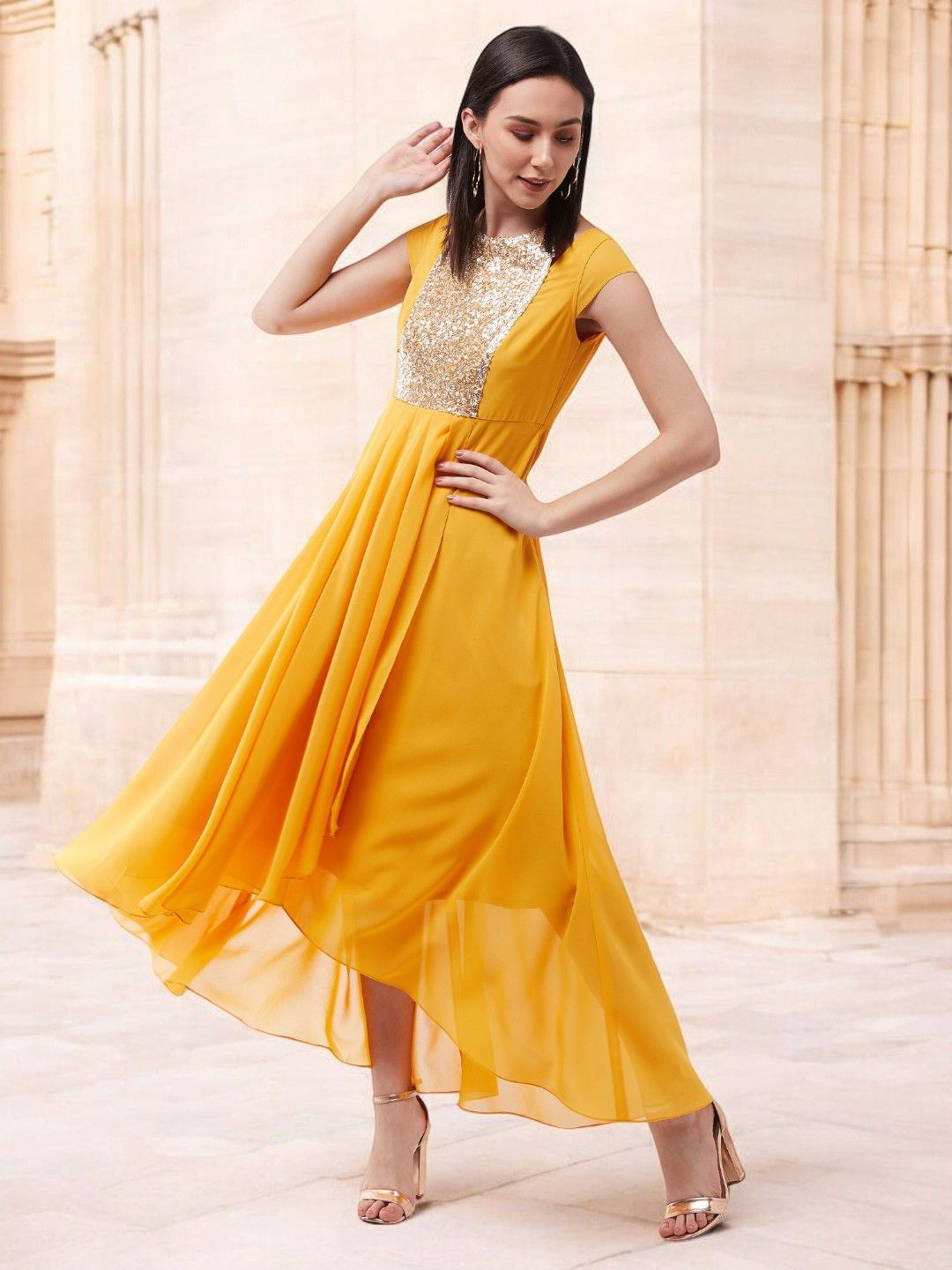 all about you Women's Round neck Cap Sleeve Solid Embellished Maxi Dress