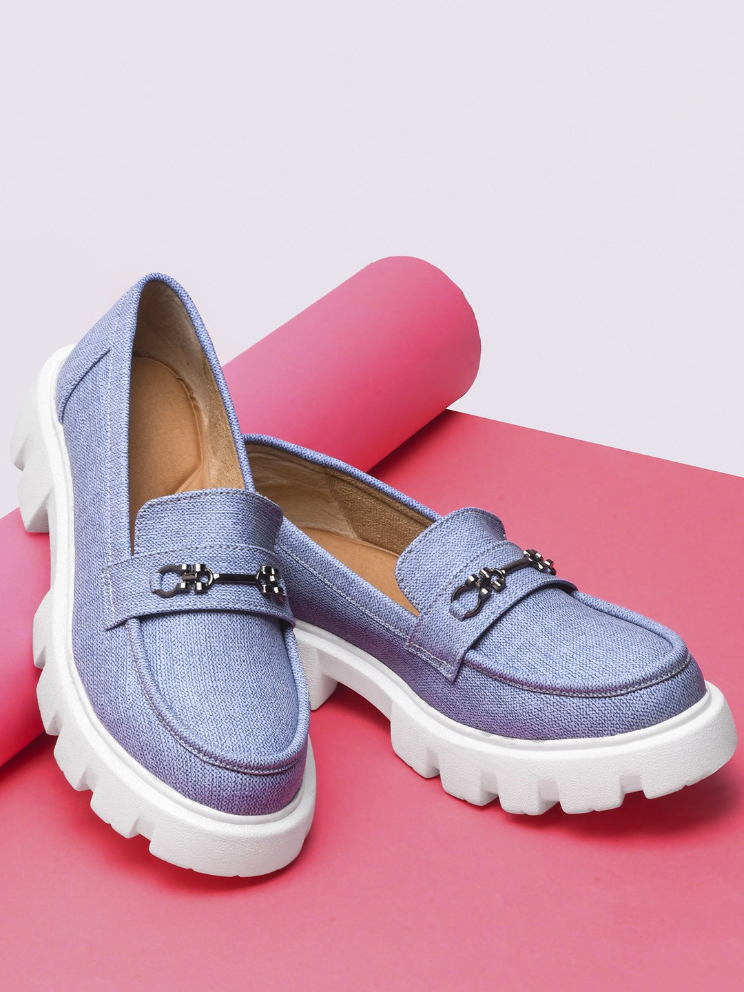 Try Me Women Textured Round Toe Slip-On Horsebit Loafers