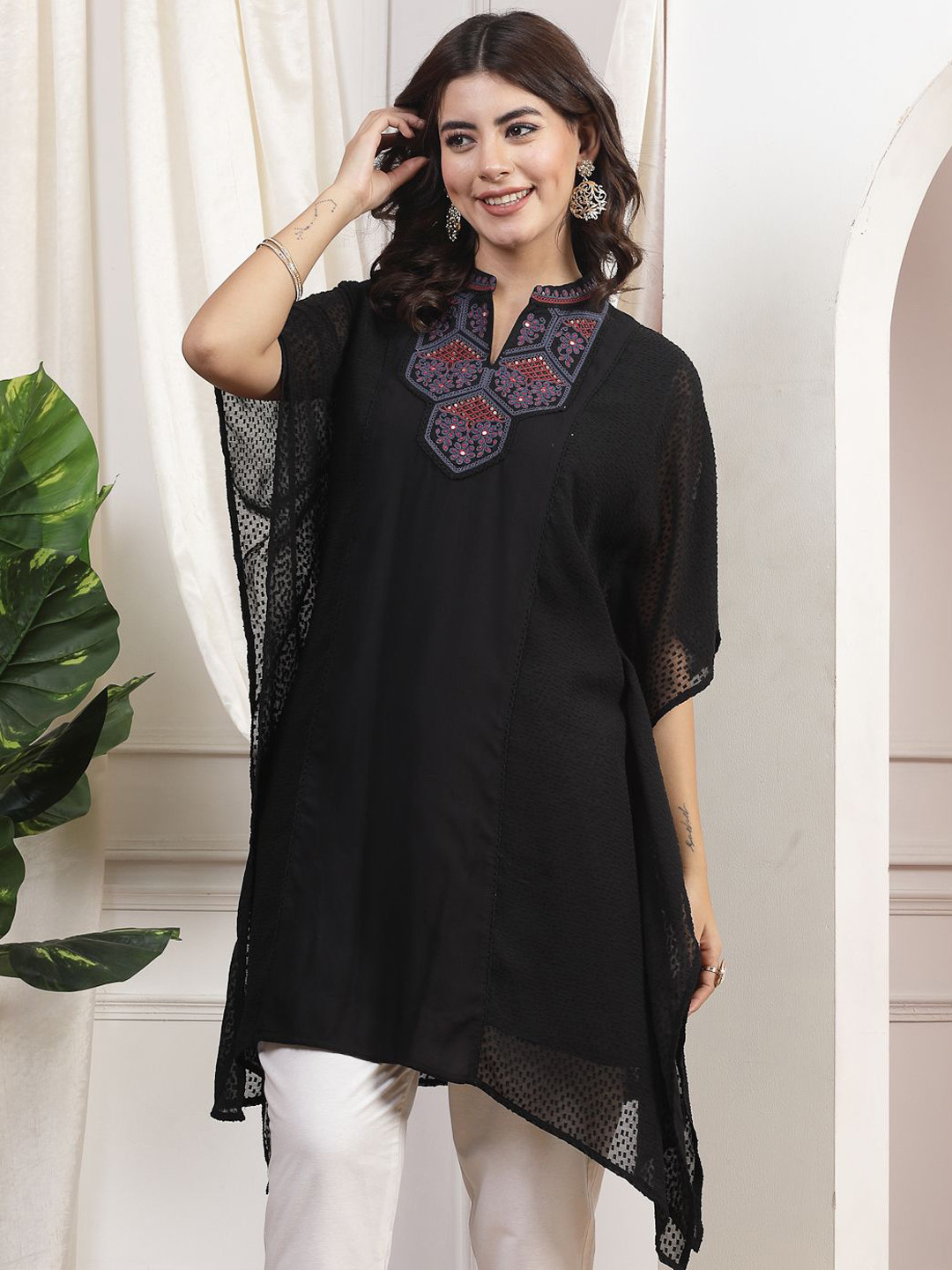 Nayam By Lakshita Floral Embroidered Flared Sleeves Mirror Work Kaftan Kurti