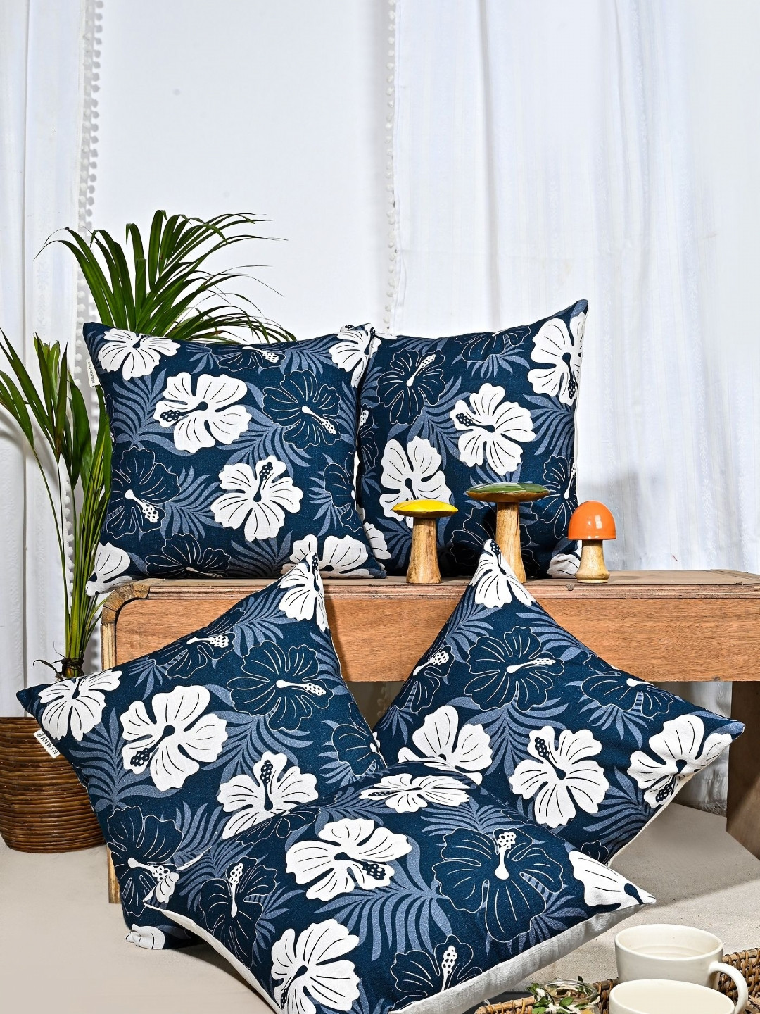 ANWYN Piping Blue Floral Cotton Washable 5 Pcs Square Cushion Covers - 15.7 x 15.7 In